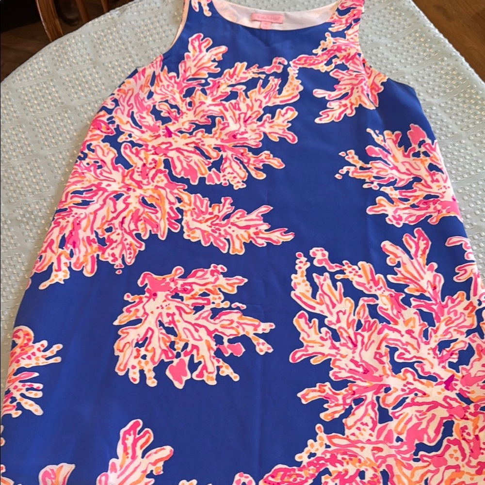 New Womens Lilly Pulitzer Blue & Pink Tropical Coral Print Silk Dress size Xs